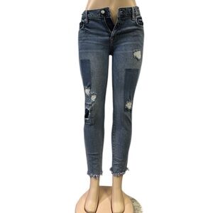 Gap Patchwork Destroyed Patchwork Denim Raw Hem Crop Straight Blue Jeans 27